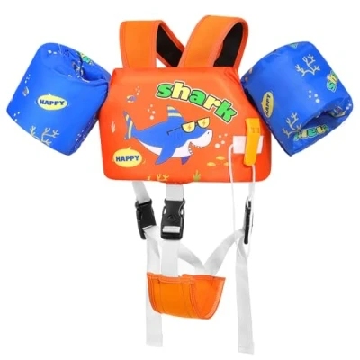 Imagen de MoKo Chaleco Flotante de Natación para Niños, Manguito Flotador con Correa Ajustable Niños 22 55 lbs, Piscina Aprender a Nadar Playa, Tiburones Naranja Azul