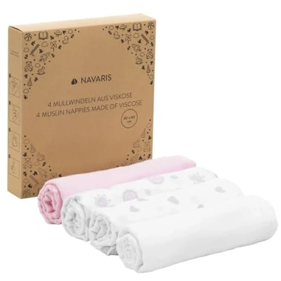 Imagen de Navaris 4x Toalla para bebé de muselina Muselinas cuidado infantil Paños tela algodón y viscosa Pañales 80 x cm Rosa blanco