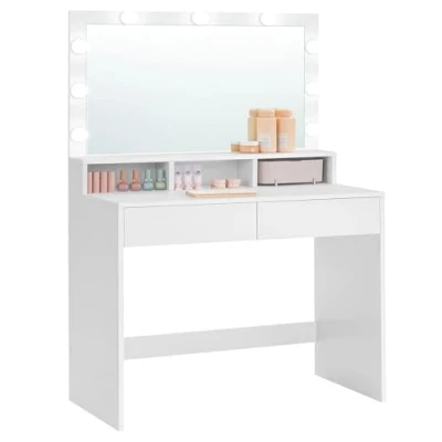 Imagen de VASAGLE Tocador, Mesa de Maquillaje con Espejo y Luces LED Brillo Ajustable, 2 Cajones 3 Compartimentos, Moderno, Blanco RDT120T10
