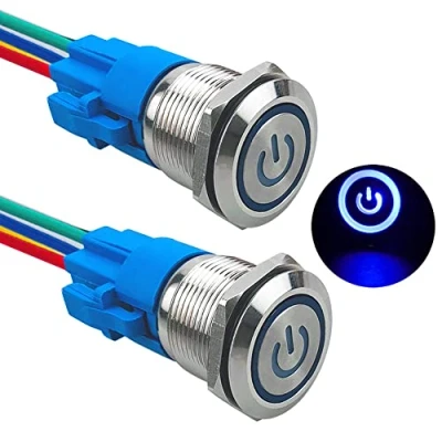 Imagen de Aiqeer 2 Piezas 19 mm Interruptores de Botón Autoblocante, 12V / 24V 5A Interruptor LED Azul, Pulsador Metálico Impermeable, con Enchufe Precableado