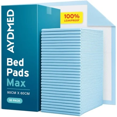 Imagen de Aydmed Juego de 30 almohadillas desechables para incontinencia alta calidad Sábanas protectoras grandes impermeables y ultra absorbentes colchón, sofá silla bebés (60 cm x 90 cm)