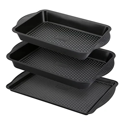 Imagen de PRESTIGE Aerolift Juego de 3 bandejas antiadherentes para horno, aptas lavavajillas, con asas extragrandes, latas duraderas acero al carbono asar 5 años garantía, color negro,