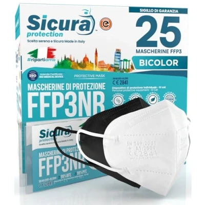 Imagen de 25 mascarillas FFP3 certificadas CE Blancas y Negras Made in Italy BFE ≥99% PFE logo SICURA en relieve Mascarilla higienizada sellada individualmente 12 Blanca + 13 Negra