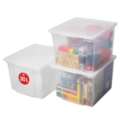 Imagen de Iris Ohyama 3 Cajas de Almacenaje Plástico Versátiles con Tapa, 30L, Transparente, Cierre fácil, Apilable, para Armario, Estante, Aula, Organizadora, Ropa, Zapatos, Libre BPA, USB M