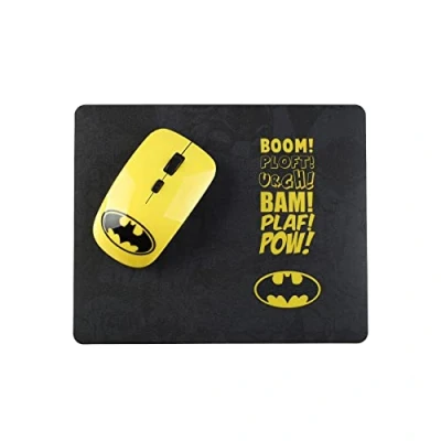 Imagen de Pack Ratón + Alfombrilla Warner Batman WBTMCO001, Inalámbrico, Óptico, 1600 ppp, Negro / Amarillo
