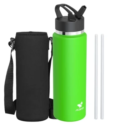 Imagen de AORIN Botella de Acero Inoxidable 1L Termica con Pajita Sin BPA Botellas Aislamiento Al Vacío Fugas Reutilizable Frasco Térmico para Deporte, Oficina, Yoga, Viajes