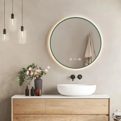 Imagen de EMKE Espejo LED Redondo de Baño, ø60cm, Verde Oscuro, antiempañante, con visualización Hora y Temperatura, luz Neutra, Intensidad Ajustable, baño iluminación, IP44