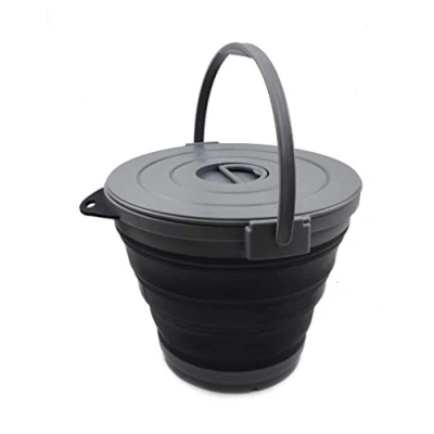 Imagen de SAMMART cubo de pesca plegable 10 litros con tapa bloqueo, cubeta redonda plegable, agua plástico portátil, olla para exteriores que ahorra espacio (gris/negro)