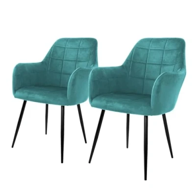 Imagen de ML Design Set 2x Sillas de Comedor Color Azul Turquesa Asiento Moderno Tapizado Terciopelo con Patas Metal Negras, Respaldo y Reposabrazos Ergonómicos Sillón para Salón Cocina u Oficina