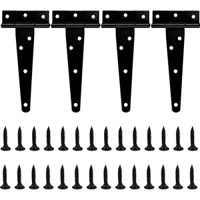 Imagen de LAMXD 4 bisagras en T, de metal resistente, T con tornillos para cobertizos, ventanas, vallas, puertas granero (negro, 6 pulgadas)