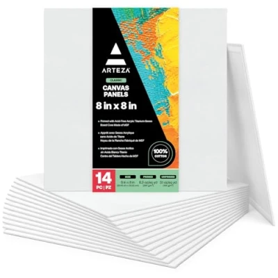 Imagen de Arteza Paneles de lienzo para pintar cuadros, 8x8 (20,3x20,3 cm), pack 14 lienzos imprimados sin ácido, 100% algodón, óleo y medios húmedos, artista profesional, aficionado principiante