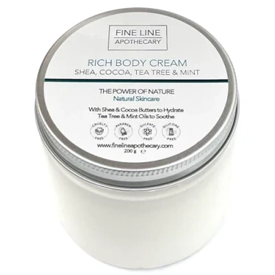 Imagen de 99% Natural MANTECA para el CUERPO con CACAO &amp; KARITÉ y MENTA ÁRBOL de TÉ 200g Fine Line Apothecary. Protege, Hidrata, Calma, Repara. pH 5.5 Piel Sensible Atópica Refuerza Microbioma.
