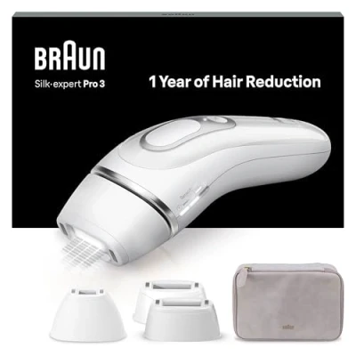 Imagen de Braun Luz Pulsada Silk expert Pro 3 PL3230 Depiladora IPL, Eliminación Del Vello En Casa, Alternativa Para Depilación Láser, Con Funda, Cabezales, Regalo Mujer, Blanca/Plateada