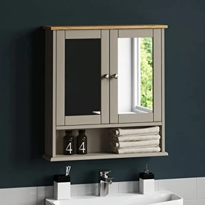 Imagen de Bath Vida Priano Armario de baño Doble Puerta, Madera, Gris y Roble, Mueble Almacenamiento montado en la Pared con Espejo, ingeniería, H 58 x W 56 D 13 Cm Approx