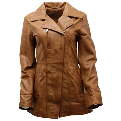 Imagen de Infinity Leather Chaqueta Motera Larga de Cuero Broncearse Nappa para Mujer con Correa 12
