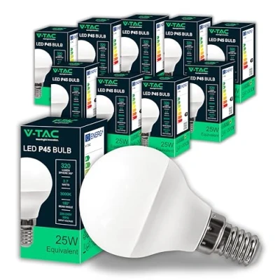 Imagen de V TAC 10x Bombillas LED P45 Máxima Eficiencia Energética E14 3,7W (Equivalente a 25W) 320 Lumen Apertura del Haz de Luz 180 Bombilla Bajo Consumo Blanco Cálido 3000K