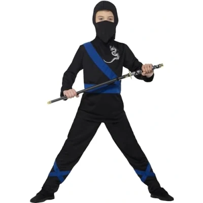 Imagen de Smiffys Disfraz de asesino ninja, Negro y azul, con capucha, máscara, parte arriba pantalones