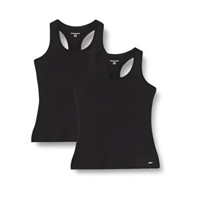 Imagen de Amazon Essentials Camiseta Técnica con Espalda Deportiva en Tejido Elástico (Disponible Tallas Grandes) Mujer, Pack de 2, Negro, L