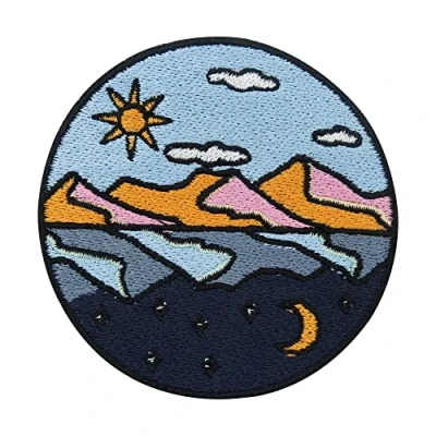 Imagen de Finally Home parche termoadhesivo con espejo de día y noche, para planchar Parches sol luna, diseño vintage montaña, montaña