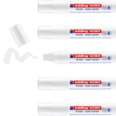 Imagen de edding 4090 marcador de tiza blanco 5 rotuladores punta biselada 4 15 mm para cristal borrables pizarras, vidrio y espejos líquida cobertura opaca