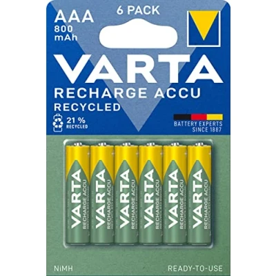 Imagen de Varta Recharge Accu Recycled, Pilas de NiMh AAA Micro rechargable (paquete 6 unidades, 800 mAh) hechas con un 11% materiales reciclados Recargables sin efecto memoria