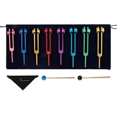 Imagen de DRELD Juego de Tenedor Afinación 8pcs Horquillas con 2 Martillos Silicona y Bolsa para Terapia Sonido, Equilibrio, Sanadores, Vibración, Reparación ADN