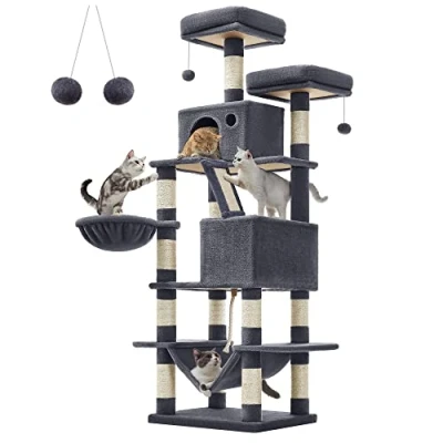 Imagen de Feandrea Rascador para Gatos, Árbol 168 cm de Altura con 13 Postes, 2 Plataformas, Cuevas, Cesta, Hamaca, Pompón, Multinivel Gatos Grandes, Gris Ahumado PCT165G01