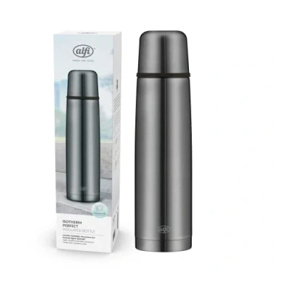 Imagen de alfi Isotherm AV 1000 ml, Cool Grey Mat, Botella isotérmica de Acero Inoxidable con Vaso, estanquidad tapón automático, Desmontable, Mantiene el Calor 24 Horas, sin Huellas, BPA