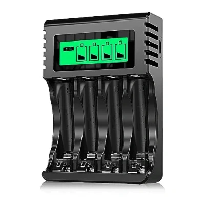 Imagen de POWEROWL Cargador Rápido de Pilas Recargables, LCD para Ni MH/Ni CD Recargables AA/AAA , Ranura Independiente &amp; USB Carga Rápida