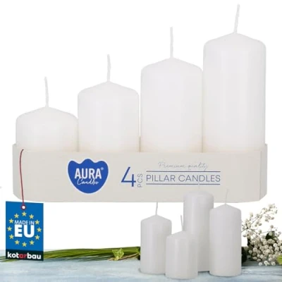 Imagen de KOTARBAU® Pack de 4 velas cilindricas, pilar, gruesas sin perfume, blancas, columna, decorativas, para farolillos, Paquete
