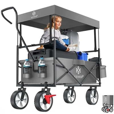 Imagen de KESSER® Carro Plegable con Techo Carrito de Jardín 2 Bolsillos Red y uno Exterior Freno en la Rueda Delantera Ruedas Goma hasta 100 kg Capacidad Gris
