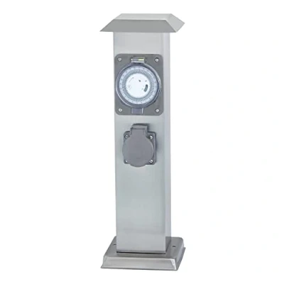 Imagen de Unitec Columna de acero inoxidable con temporizador y 2 enchufes Schuko, distribuidor enchufes, sin cable, para exteriores, IP44, color plateado.