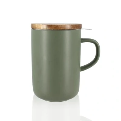 Imagen de OGO LIVING Tetera Juliet 475 ml Ideal para té y Taza de gres tapa madera acacia Verde almendra 7912013