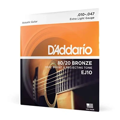 Imagen de D&#039;Addario Guitar Strings Acoustic 80/20 Bronze For 6 String Deep, Bright, Projecting Tone EJ10 Extra Light, 10 47