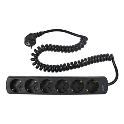 Imagen de as Schwabe 11462 Regleta de enchufes 6 vías negro con cable en espiral 2,5m H05VV F 3G1,5, IP20 uso interior