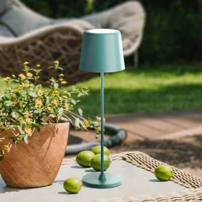 Imagen de Lightbox LED Tischlampe für Innen &amp; Außen 37 cm / 23 Höhe, Ø 10 eisberg grüne Outdoor Tischleuchte mit Touch Dimmer mobil/kabellos/portable per USB aufladbar/Akku 310lm 3000K