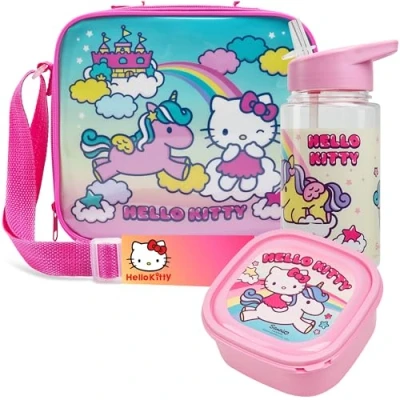 Imagen de Get Trend Hello Kitty Bolsa Termica Porta Alimentos con Fiambrera Infantil y Botella de Agua 400ml Set Almuerzo 3 Piezas Regalo para Niños (Hello Kitty)