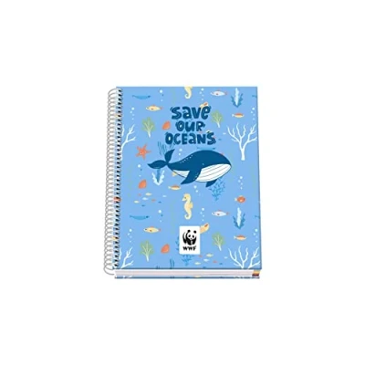Imagen de Dohe Cuaderno A5 con 100 Hojas Tamaño: 21x16,2 cm Cuadrícula de 5 mm Espiral Metálica Tapa Dura Material escolar WWF Save Our Oceans