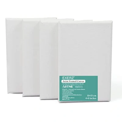 Imagen de EXERZ Lienzos preestirados 10x15cm Juego de 4 / Enmarcados/ 280GSM/Pre Estirado 100% Algodón/Color Blanco/Triple Preparado/Libre Acido/Hebra Media 1,7cm Espesor
