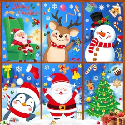 Imagen de COZII Pegatinas Navidad Ventanas Cristal Reutilizables Ventana Doble Cara, Decoracion con Copos de Nieve, Reno, Papá Noel para Fiesta Navidad, 9 Hojas