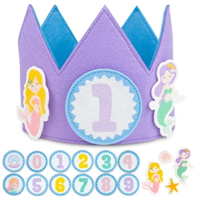 Imagen de BONNYCO Corona Cumpleaños Sirena con Números Intercambiables del 0 al 9 y Figuras Tematizadas 1 Año en Adelante, Decoracion Niña Carnaval