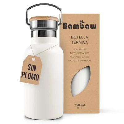 Imagen de Bambaw Botella térmica 350 ml, agua blanca, acero inoxidable niños, reutilizable, gimnasio, niños sin BPA Blanco polar