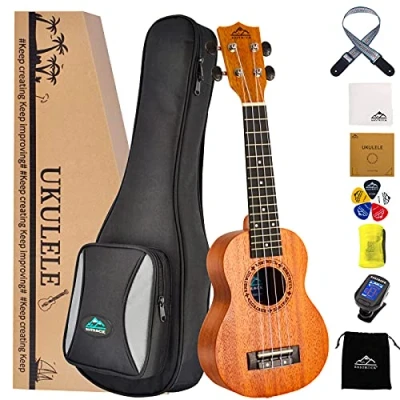Imagen de EASTROCK ukelele para principiantes Kit de instrumentos madera caoba 21 pulgadas con bolsa, afinador, correa ukelele, cuerda carbono, paño limpieza