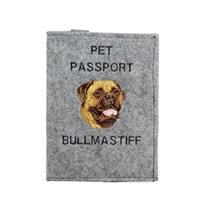 Imagen de Art Dog Funda para Pasaporte Perros de Fieltro Hecha a Mano con Patrón Bordado Viaje Mascotas 17x12,5cm Bullmastiff