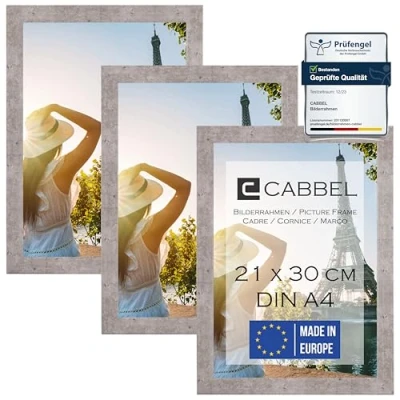Imagen de CABBEL set de 3 marcos DIN A4 21x30 Marco madera MDF con cristal acrílico inastillable, ideal para collages, retratos y certificados en Gris (Hormigón)