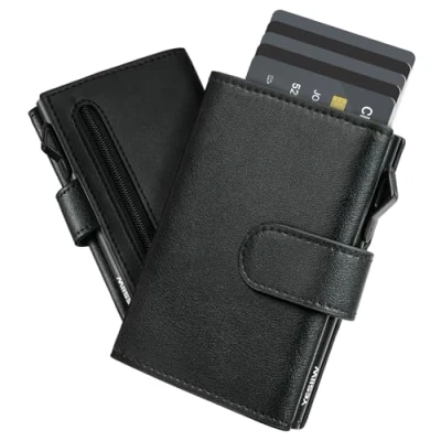 Imagen de YESIIW Carteras para hombre, cartera delgada tarjetas de crédito hombres, desplegable con bloqueo RFID, Negro B, Minimalista