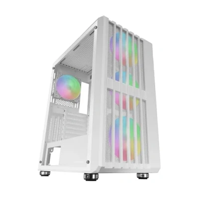 Imagen de MARSGAMING MC Vault, Caja Gaming ATX, 4X Ventiladores ARGB 120mm, Panel Frontal Mesh con Diseño Vertical, Ventana Lateral Cristal Templado, 3X Slots PCI Verticales, Semitorre PC Profesional, Blanco