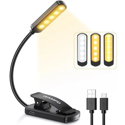 Imagen de Luz de Lectura, TEAMPD 10 LEDs 3 Colores y Atenuación Continua Lampara Lectura USB Recargable, 360 Flexible con Clip para Lectores Noche, E Reader, Tablet, Estudio, Cama, Libro, Viaje