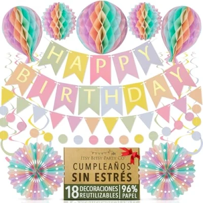 Imagen de decoraciones de fiesta cumpleaños reutilizables alta calidad, juego decoración pastel, pancarta feliz cumpleaños, banderines panal, pompones,