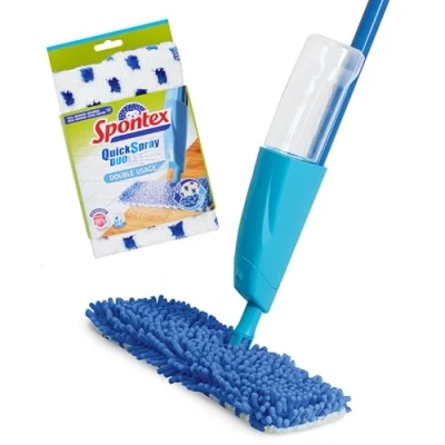 Imagen de Spontex Quick Spray Duo Mopa Plana con Almohadillas de Microfibra Lavables, Limpia Suelos laminados, Madera y Azulejos, Cabezal fregona Reversible sin Contacto
